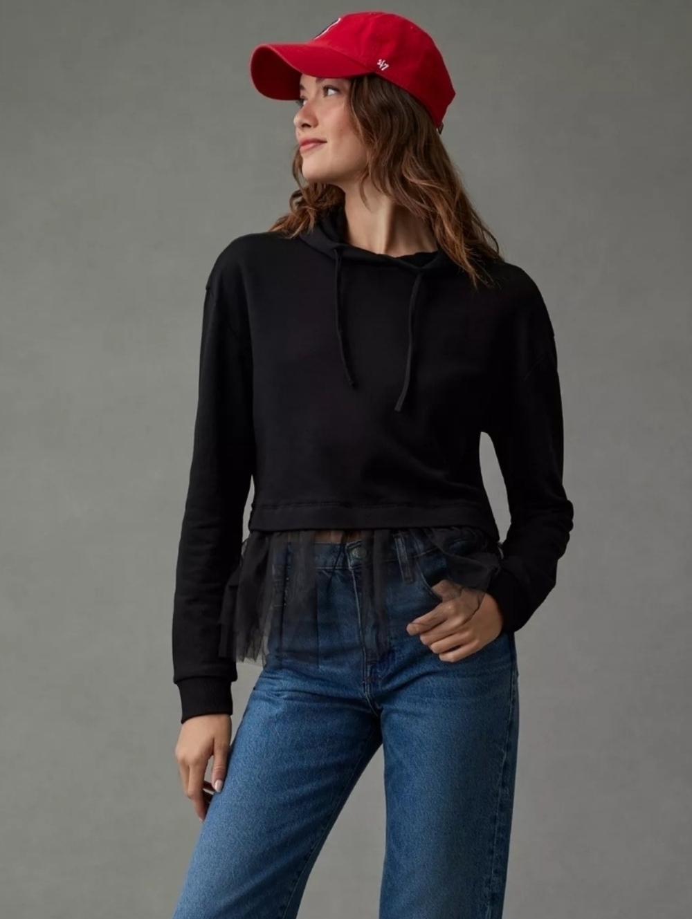 Pilcro Black Cropped Hoodie with Black Tulle Hem